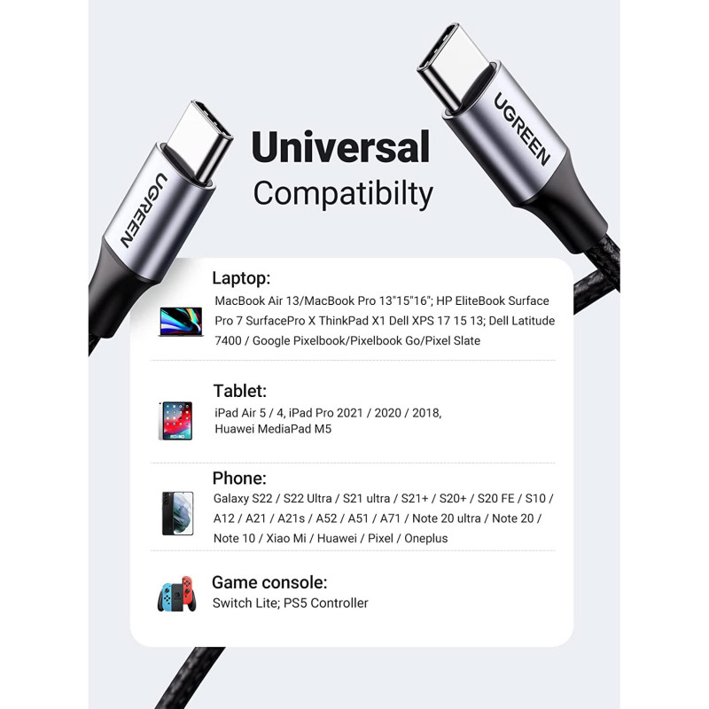 USB-C to Straight USB-C Cable 2m Nylon Braided 60W