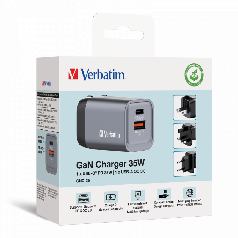 Verbatim 35W GaN Compact Travel Charger and Adaptors EU, UK US